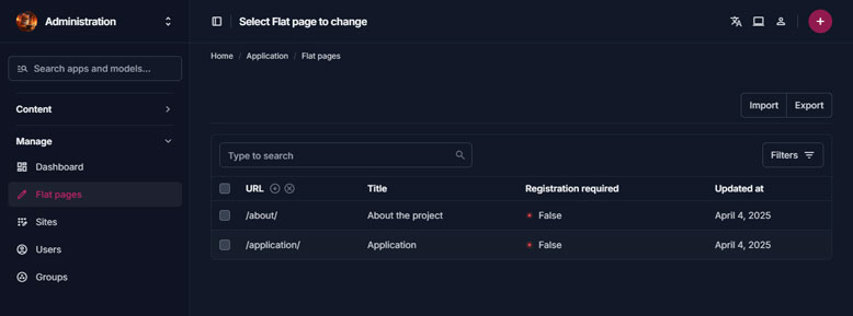 Flat pages list in the admin panel.