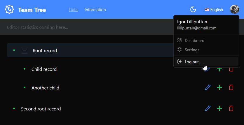 Authorized user menu (with reserved settings and other service links).