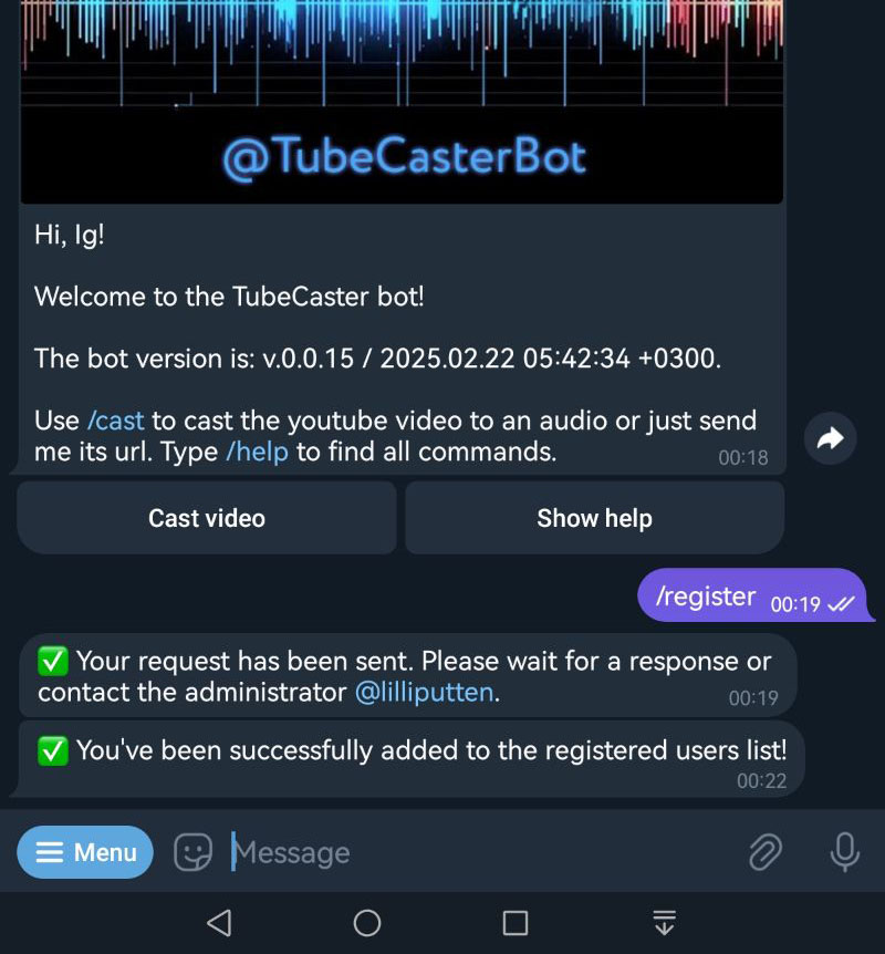 Start screen with a successful registration message.