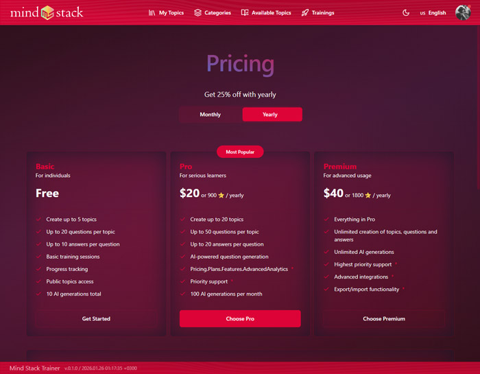 Pricing for the different tarif plans. (v.0.1.0)