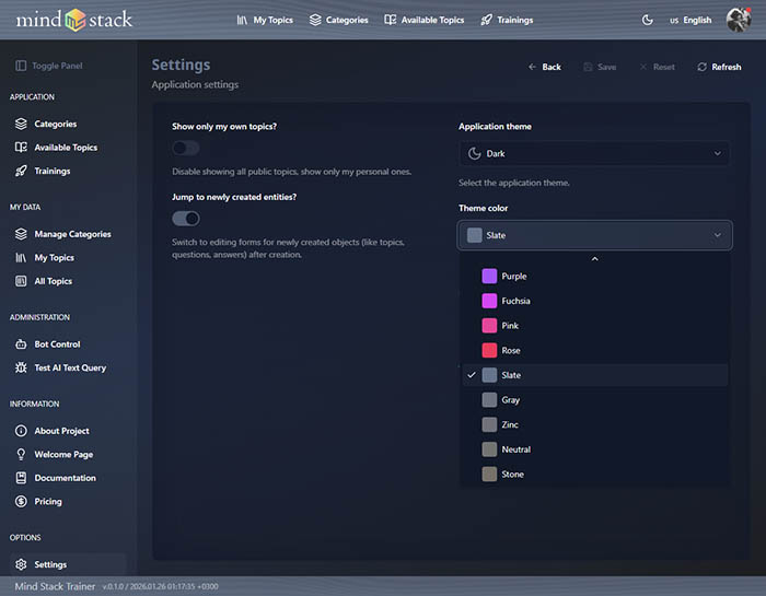 Settings with the opened theme selector. (v.0.1.0)