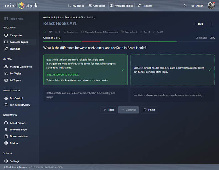 Training step: displayed progress bar, a question, two answers, one of them marked as correctly answered. (v.0.1.0)