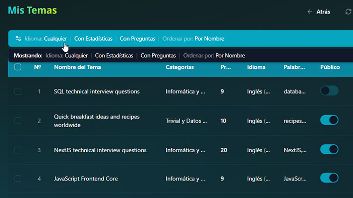 Topics list showing private/public status and metadata. (v.0.1.4)