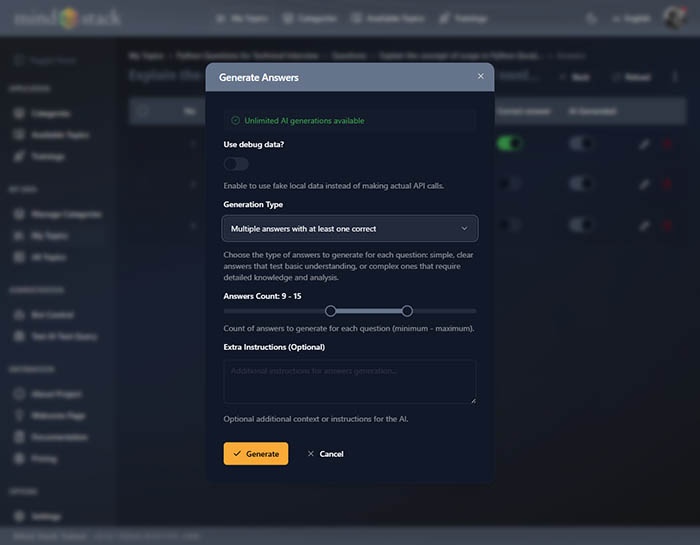 AI-powered answer generation with multiple format options.