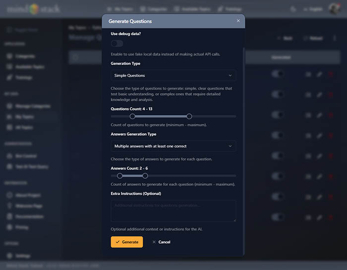 AI question generation interface with customization options.