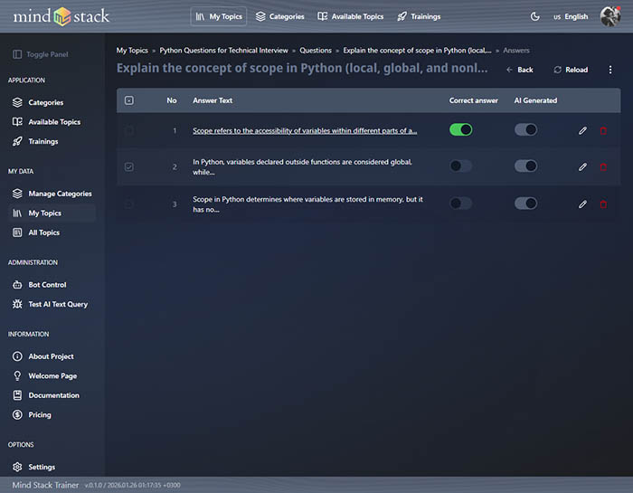 Answer management with support for multiple correct answers per question.