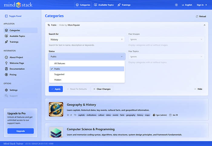 Advanced category filtering with multiple criteria.
