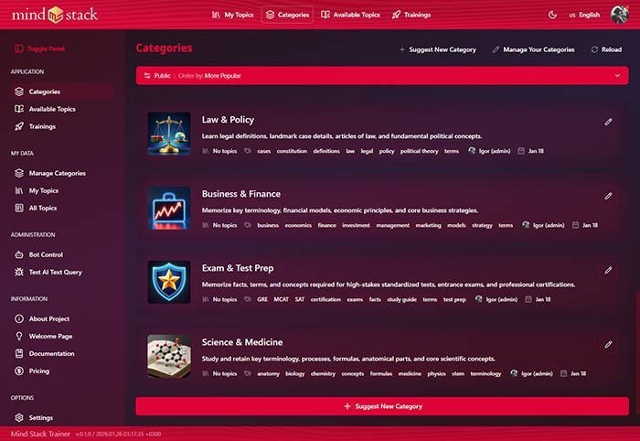 Main categories view with visual indicators and statistics.