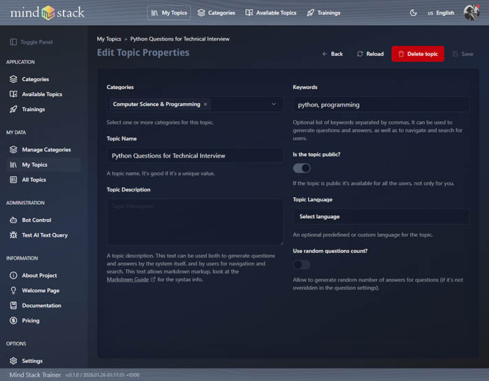 Comprehensive topic editing with metadata and settings.