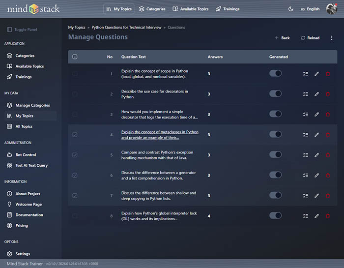 Complex question management interface with filtering and bulk operations.