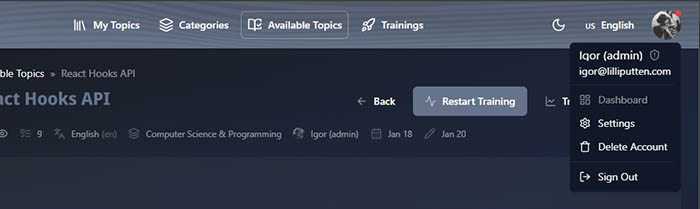 User menu with role-based options and quick access.