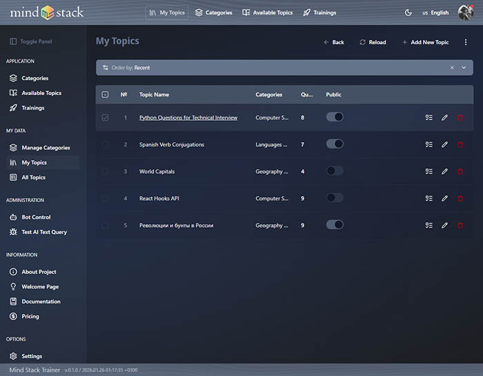 Topic management dashboard with quick action buttons.