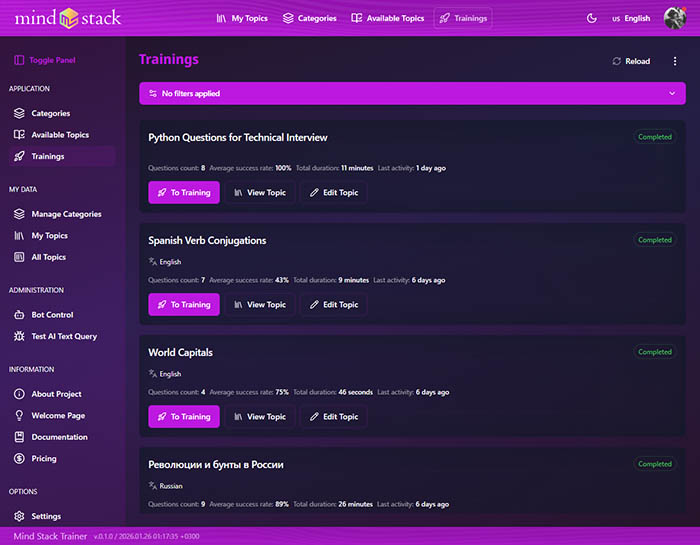 Training history with filtering and search capabilities.
