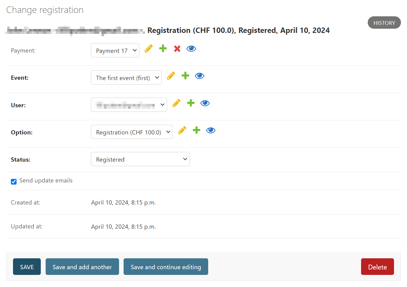 Registration record page (demo application).