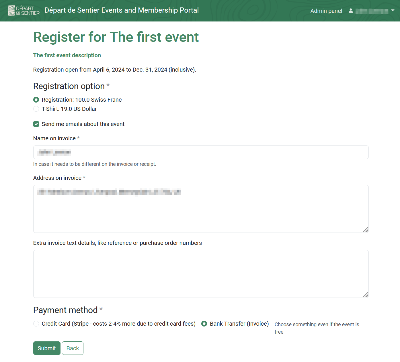 Registration form for the event (demo application).