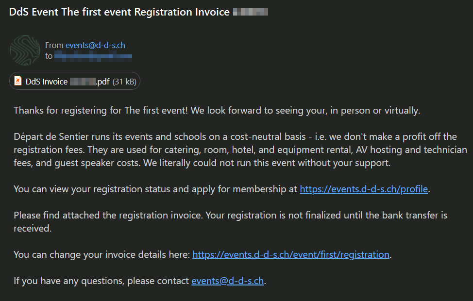 An e-mail message about the registration of the event.