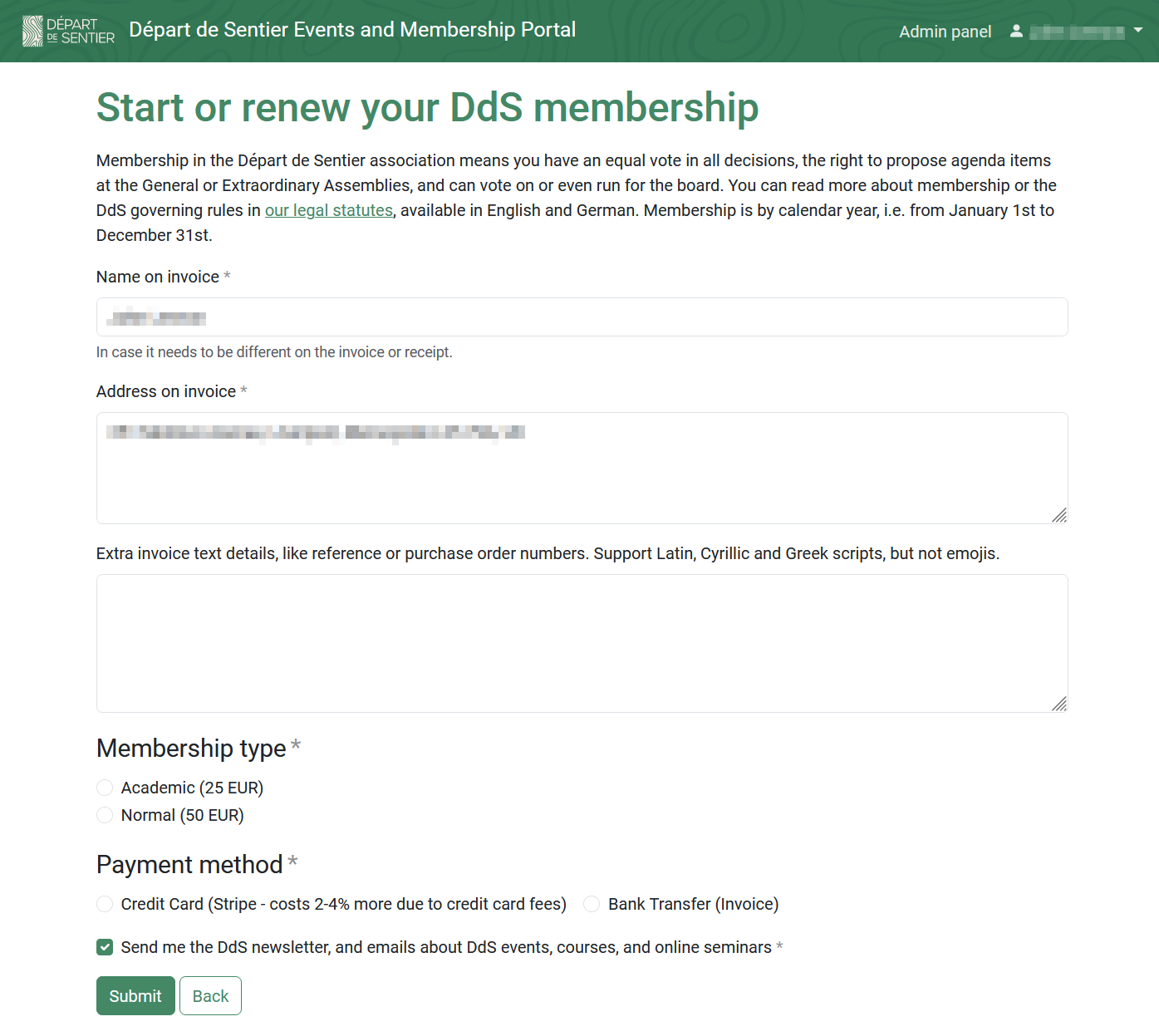 Membership application form.