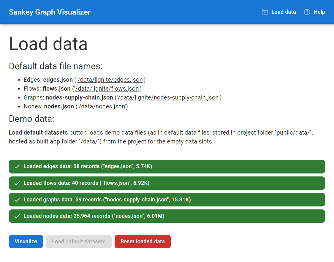 Data load screen. It's possible to load custom data from local drive or to use predefined demo data set here. User can see general statistics on the loaded data.