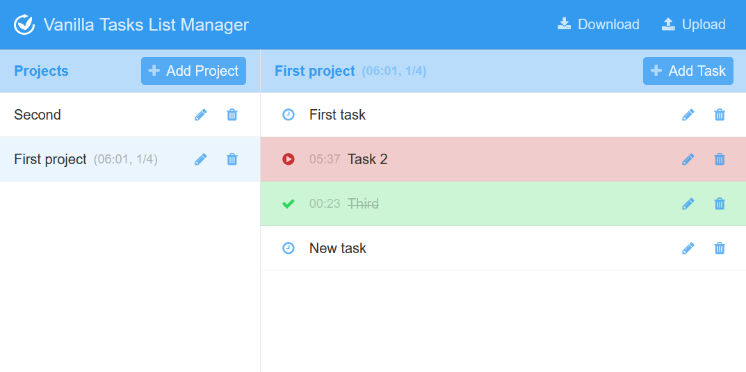 The main application layout, different task states and active time tracking (v.0.0.10).